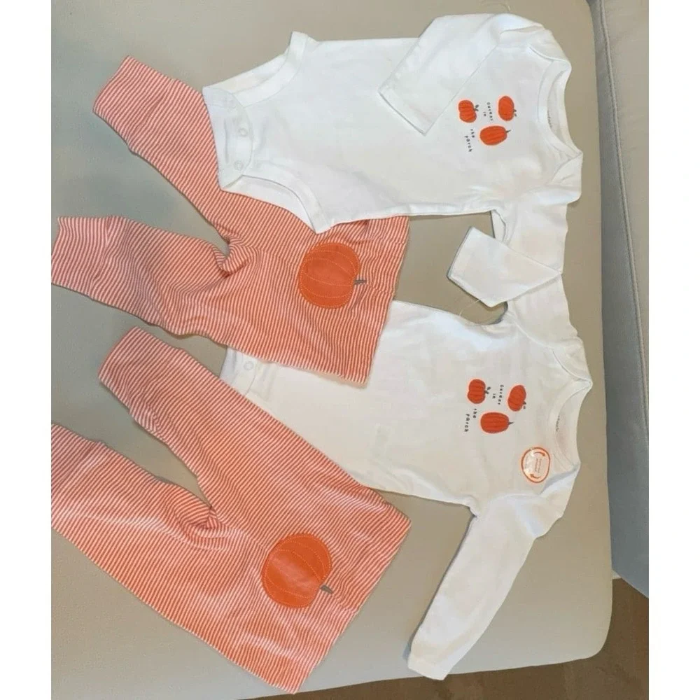 Twin girls 6 months Carter's Halloween pumpkin fall onesies & pants outfits.